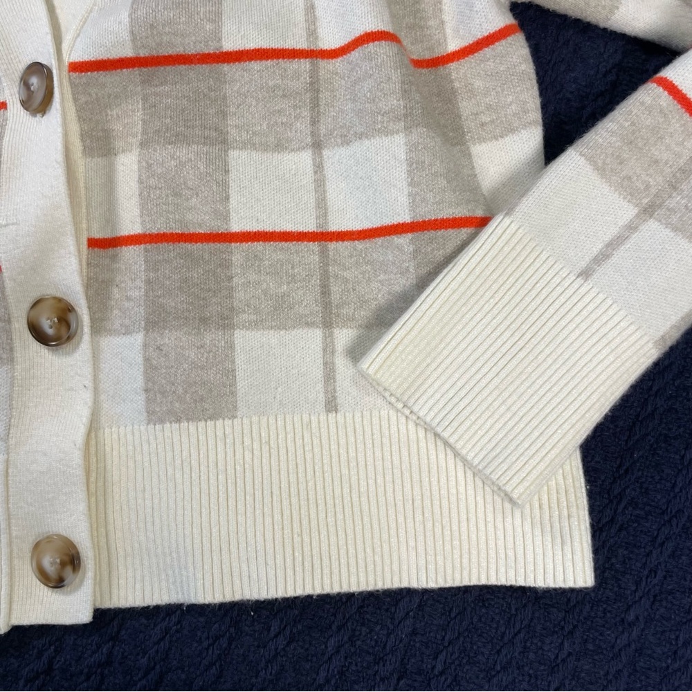 Cyrus Plaid Stripe Cardigan M – Soft Neutral Knit w/ Orange Lines Cozy Preppy - Picture 6 of 9